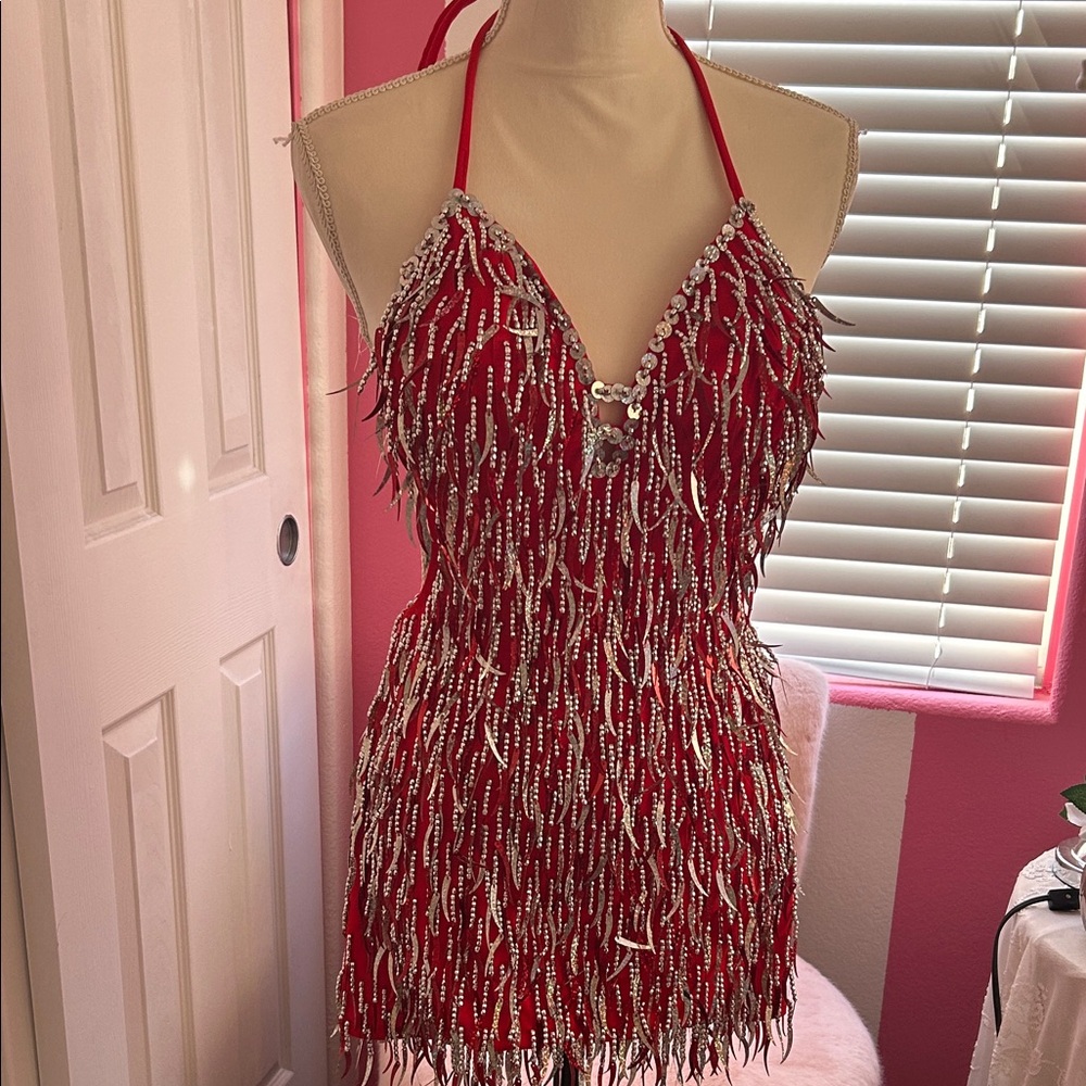 Red Halter Dress with Silver Embellishments Cocktail Dress